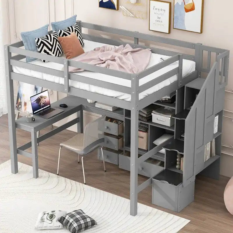 Full Size Wood Loft Bed with L-Shaped Desk and Drawers, Cabinet and Storage Staircase