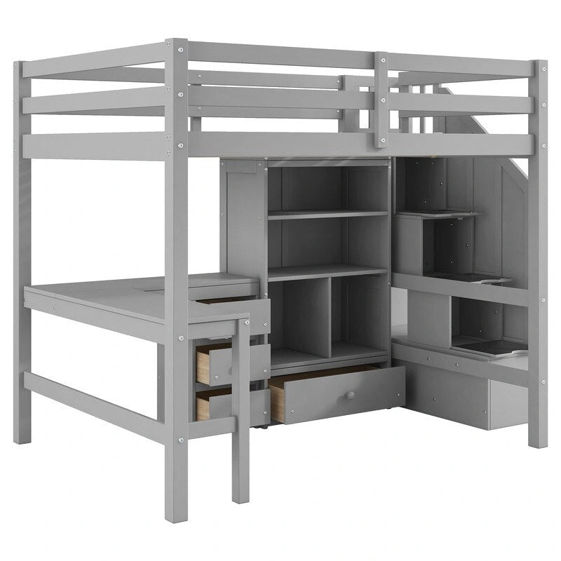 Full Size Wood Loft Bed with L-Shaped Desk and Drawers, Cabinet and Storage Staircase