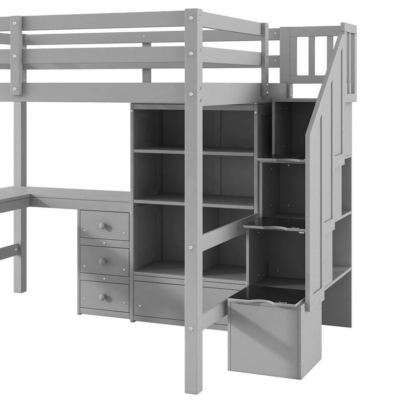 Full Size Wood Loft Bed with L-Shaped Desk and Drawers, Cabinet and Storage Staircase
