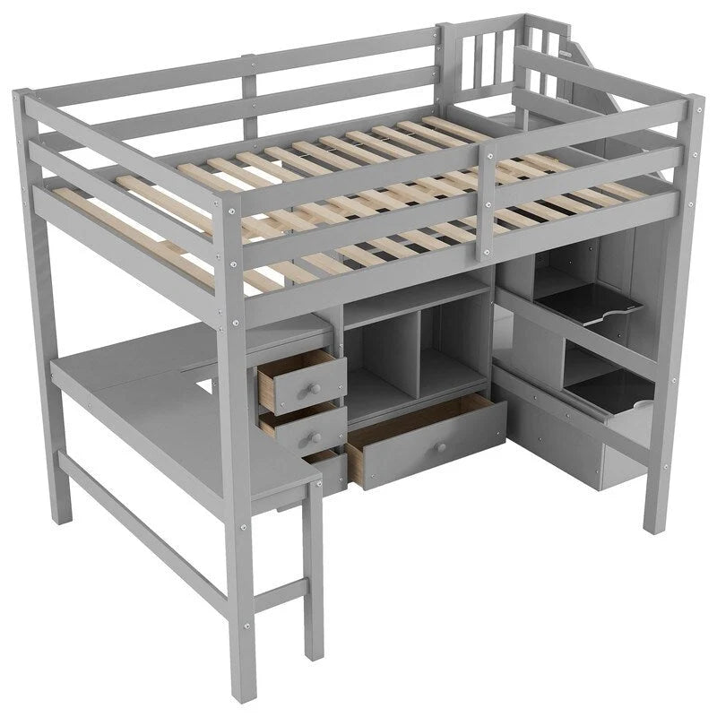 Full Size Wood Loft Bed with L-Shaped Desk and Drawers, Cabinet and Storage Staircase