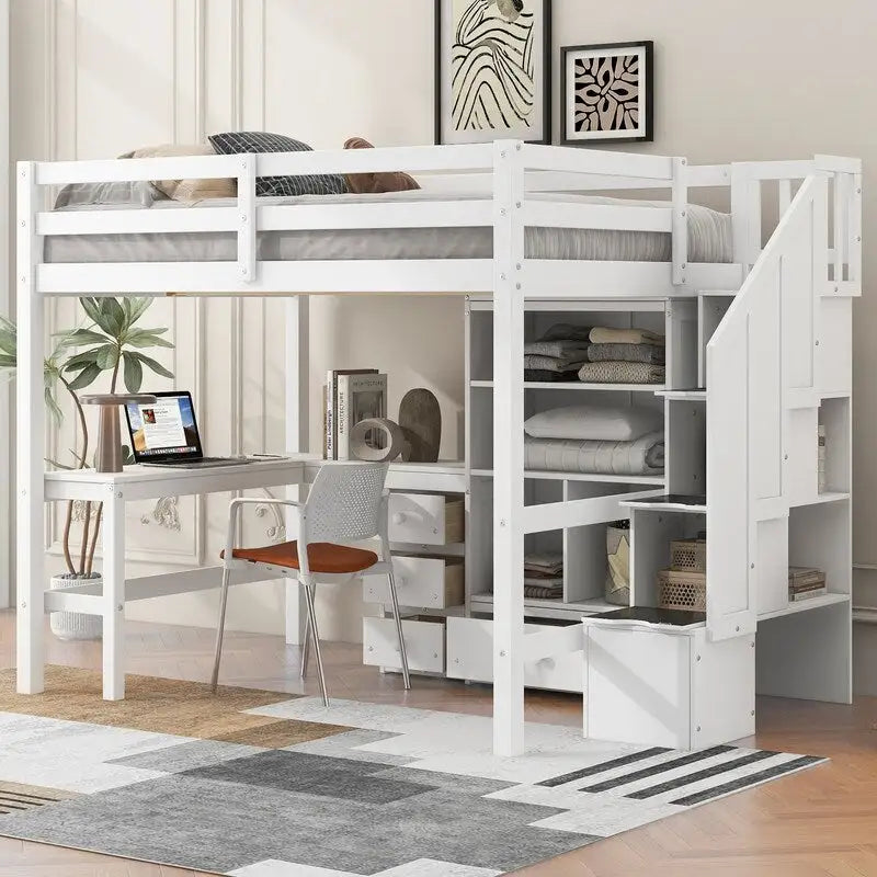 Full Size Wood Loft Bed with L-Shaped Desk and Drawers, Cabinet and Storage Staircase