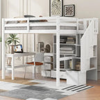Full Size Wood Loft Bed with L-Shaped Desk and Drawers, Cabinet and Storage Staircase