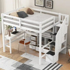 Full Size Wood Loft Bed with L-Shaped Desk and Drawers, Cabinet and Storage Staircase