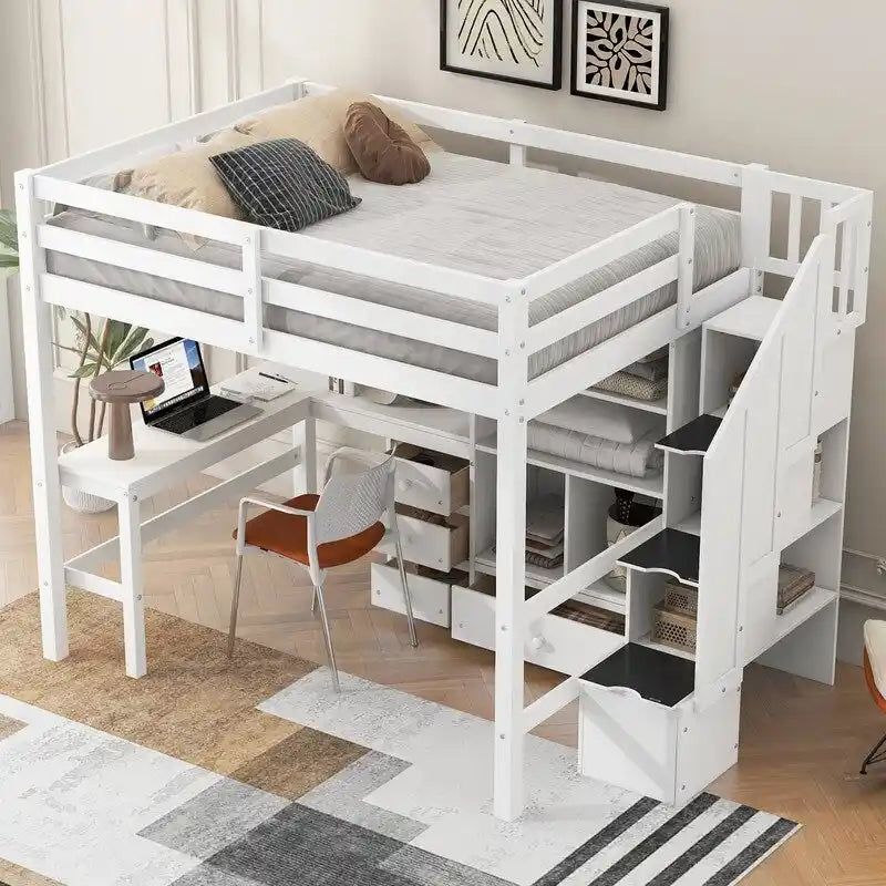 Full Size Wood Loft Bed with L-Shaped Desk and Drawers, Cabinet and Storage Staircase