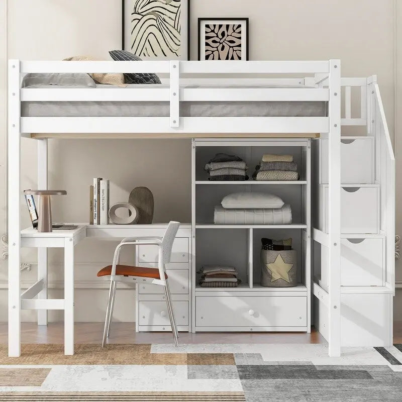 Full Size Wood Loft Bed with L-Shaped Desk and Drawers, Cabinet and Storage Staircase
