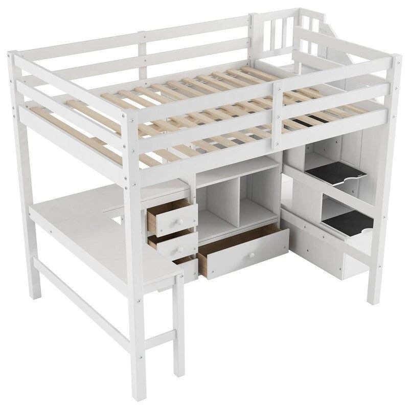 Full Size Wood Loft Bed with L-Shaped Desk and Drawers, Cabinet and Storage Staircase