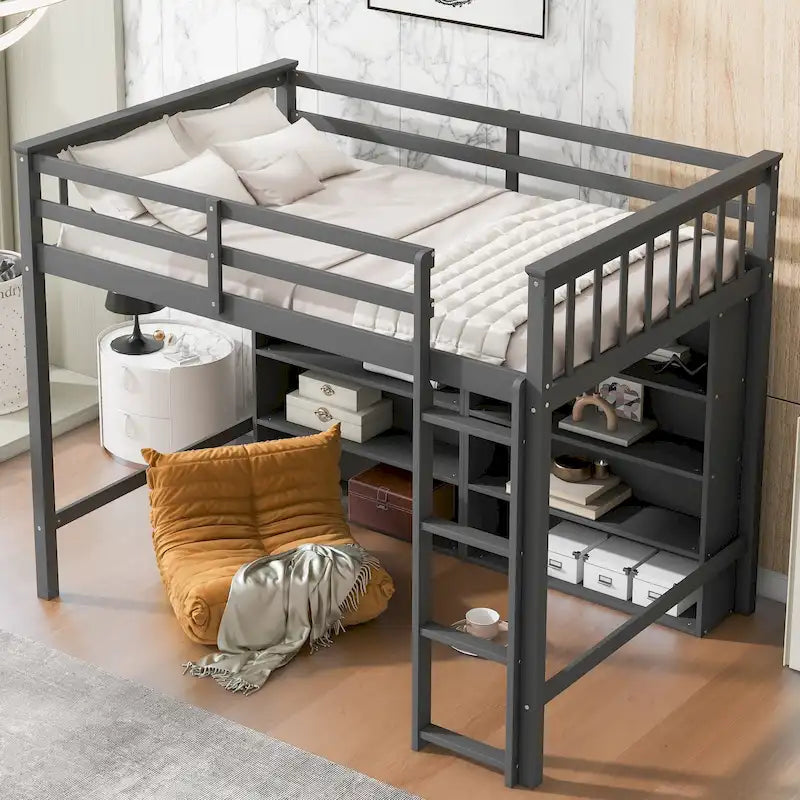 Twin Size Loft Bed with 8 Open Storage Shelves and Built-in Ladder