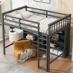 Twin Size Loft Bed with 8 Open Storage Shelves and Built-in Ladder