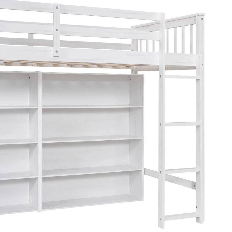 Twin Size Loft Bed with 8 Open Storage Shelves and Built-in Ladder