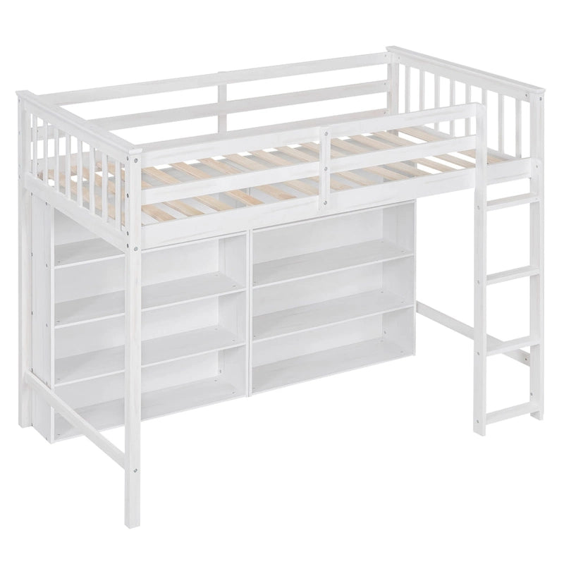 Twin Size Loft Bed with 8 Open Storage Shelves and Built-in Ladder