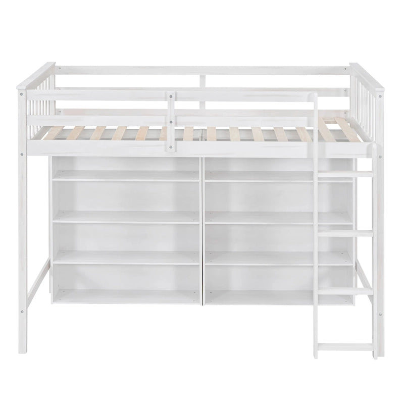 Twin Size Loft Bed with 8 Open Storage Shelves and Built-in Ladder
