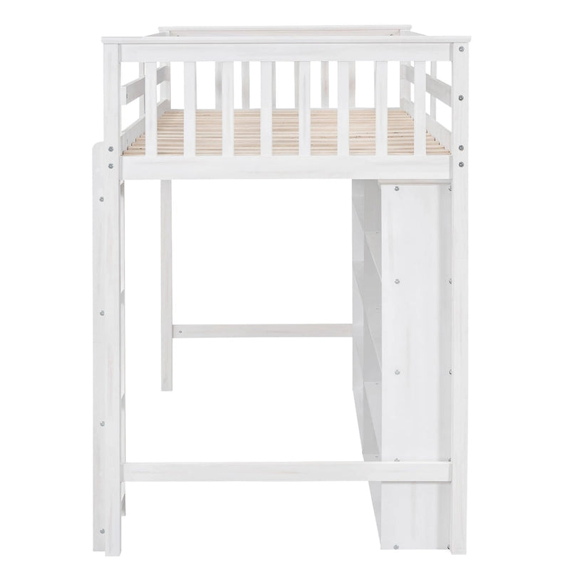 Twin Size Loft Bed with 8 Open Storage Shelves and Built-in Ladder