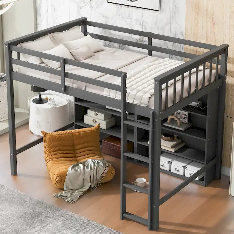 Twin Size Loft Bed with 8 Open Storage Shelves and Built-in Ladder