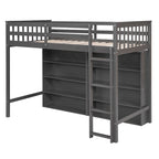 Twin Size Loft Bed with 8 Open Storage Shelves and Built-in Ladder