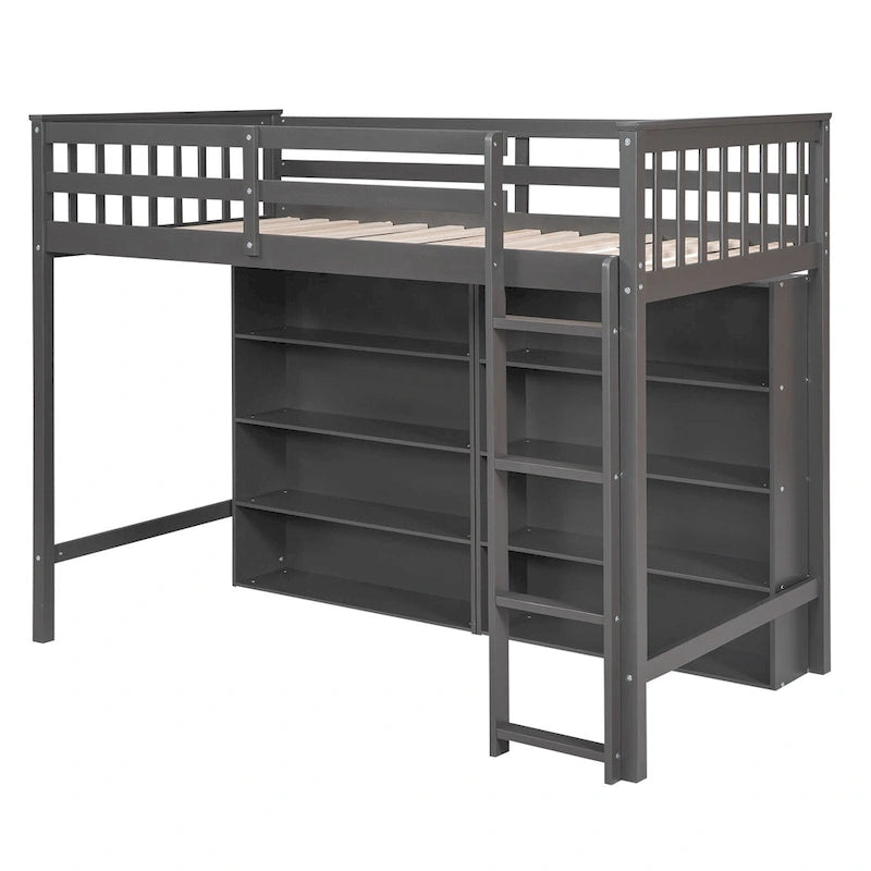Twin Size Loft Bed with 8 Open Storage Shelves and Built-in Ladder