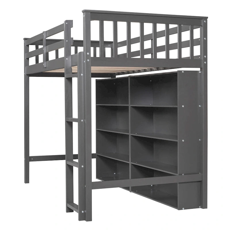 Twin Size Loft Bed with 8 Open Storage Shelves and Built-in Ladder