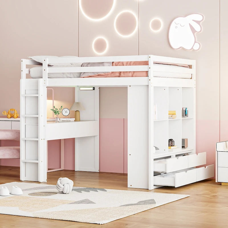 Full Size Loft Bed with Large Shelves, Writing desk and LED Light, White