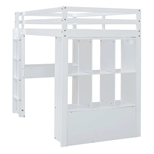 Full Size Loft Bed with Large Shelves, Writing desk and LED Light, White