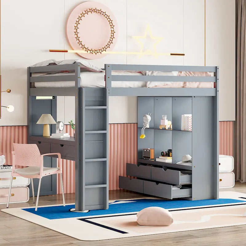 Full Size Loft Bed with Large Shelves, Writing desk and LED Light, White