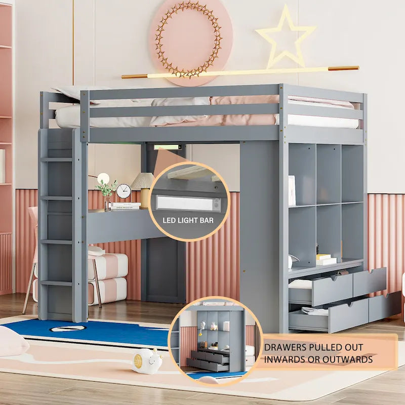 Full Size Loft Bed with Large Shelves, Writing desk and LED Light, White