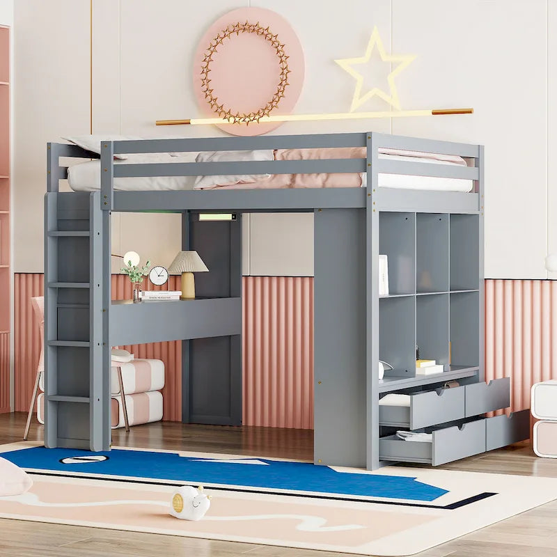 Full Size Loft Bed with Large Shelves, Writing desk and LED Light, White