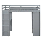 Full Size Loft Bed with Large Shelves, Writing desk and LED Light, White