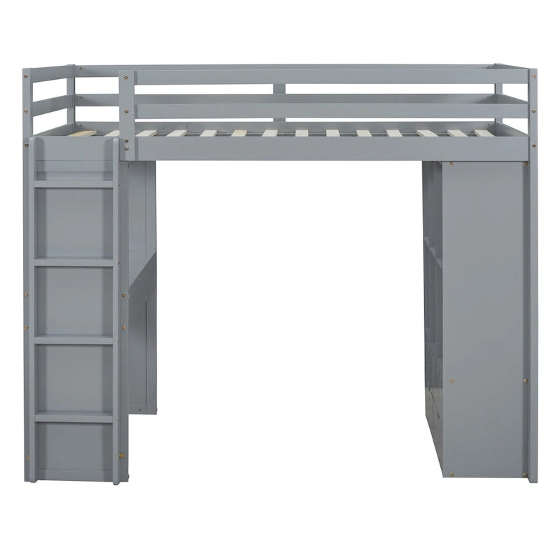 Full Size Loft Bed with Large Shelves, Writing desk and LED Light, White