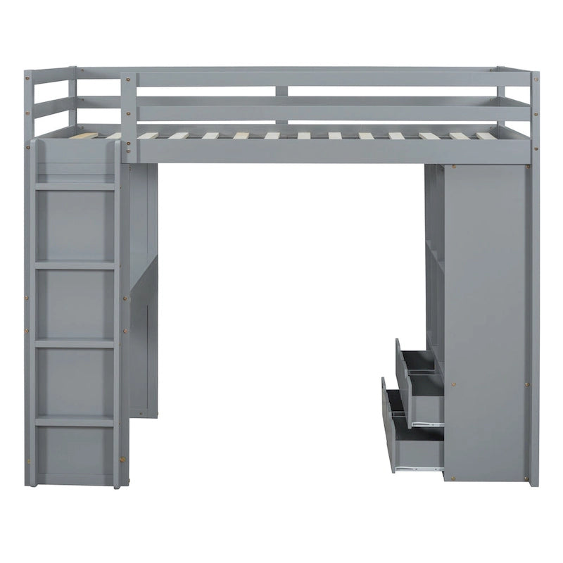 Full Size Loft Bed with Large Shelves, Writing desk and LED Light, White