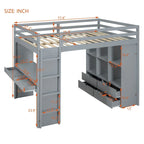 Full Size Loft Bed with Large Shelves, Writing desk and LED Light, White