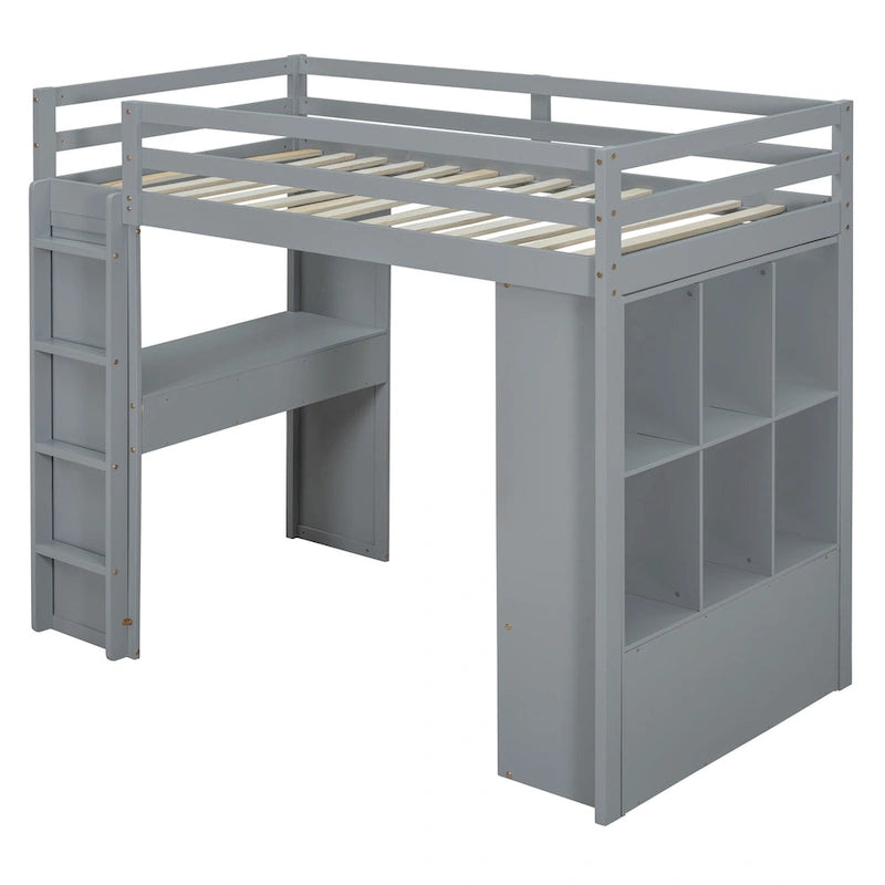 Full Size Loft Bed with Large Shelves, Writing desk and LED Light, White