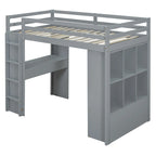 Full Size Loft Bed with Large Shelves, Writing desk and LED Light, White