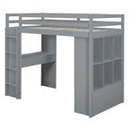 Full Size Loft Bed with Large Shelves, Writing desk and LED Light, White