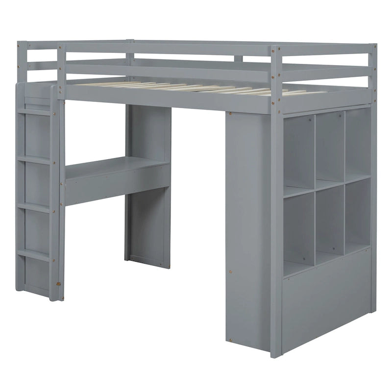 Full Size Loft Bed with Large Shelves, Writing desk and LED Light, White