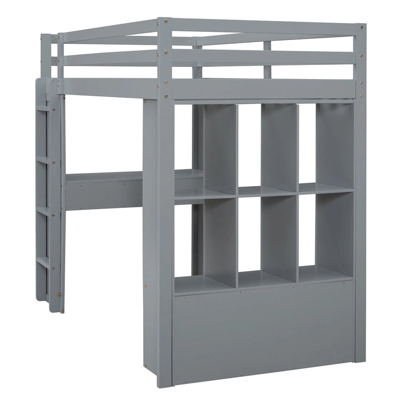 Full Size Loft Bed with Large Shelves, Writing desk and LED Light, White