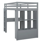 Full Size Loft Bed with Large Shelves, Writing desk and LED Light, White
