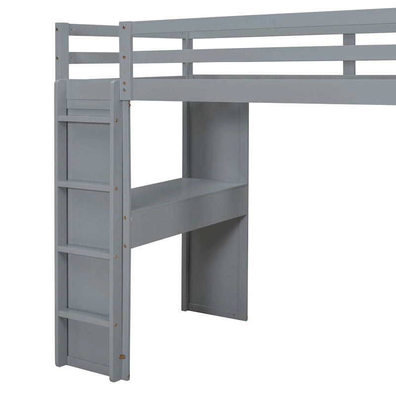 Full Size Loft Bed with Large Shelves, Writing desk and LED Light, White