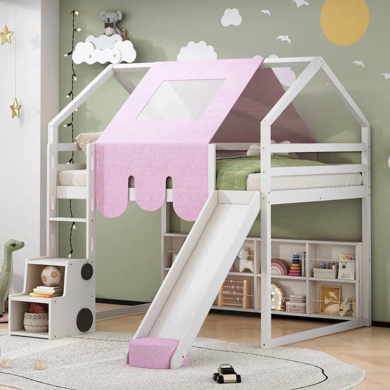 Full Size Wooden Loft Bed House-shaped Frame with a Tent, Natural+Beige