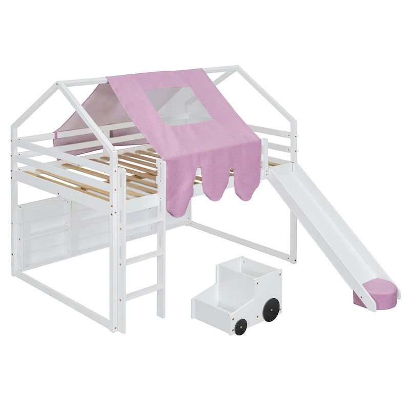 Full Size Wooden Loft Bed House-shaped Frame with a Tent, Natural+Beige