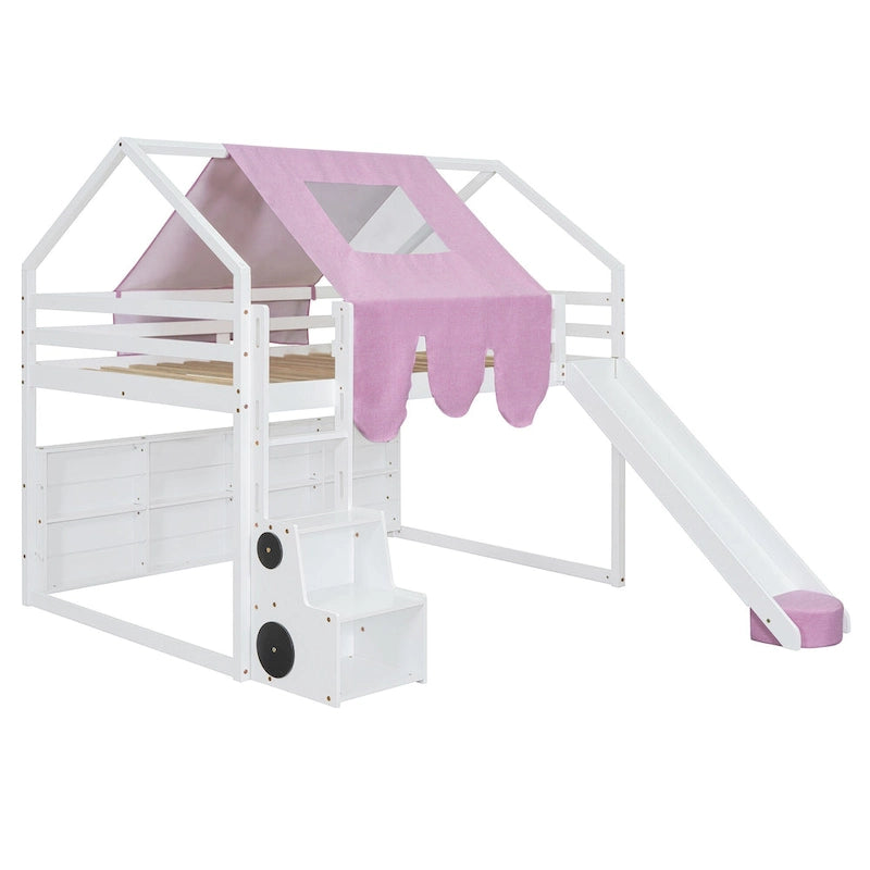 Full Size Wooden Loft Bed House-shaped Frame with a Tent, Natural+Beige