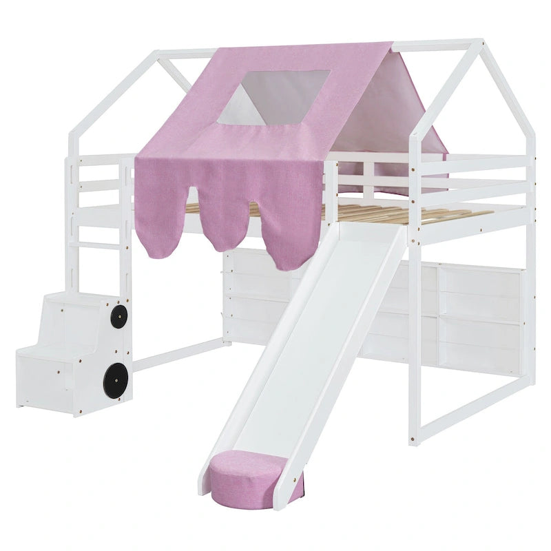 Full Size Wooden Loft Bed House-shaped Frame with a Tent, Natural+Beige