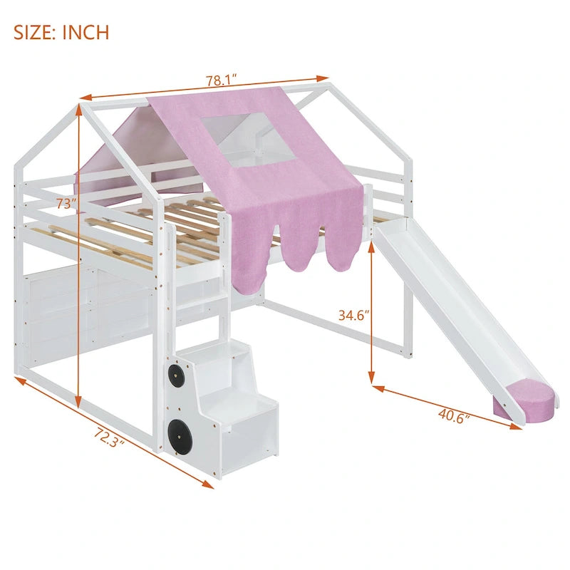 Full Size Wooden Loft Bed House-shaped Frame with a Tent, Natural+Beige
