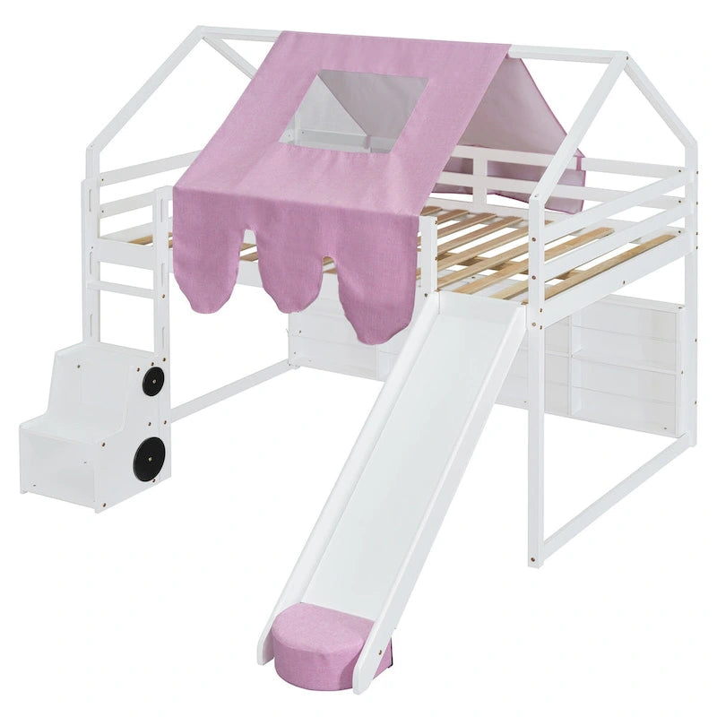 Full Size Wooden Loft Bed House-shaped Frame with a Tent, Natural+Beige