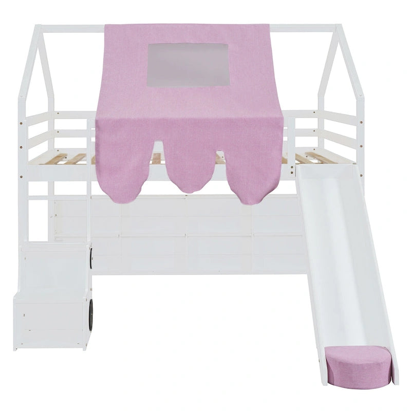 Full Size Wooden Loft Bed House-shaped Frame with a Tent, Natural+Beige