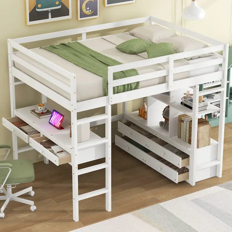 Full Size Loft Bed w/Built-in Desk w/Two Drawers, Storage Shelves