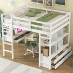 Full Size Loft Bed w/Built-in Desk w/Two Drawers, Storage Shelves