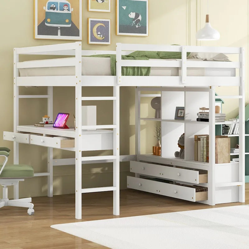 Full Size Loft Bed w/Built-in Desk w/Two Drawers, Storage Shelves