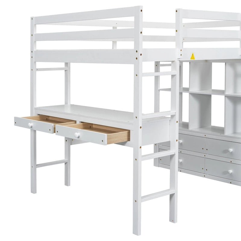 Full Size Loft Bed w/Built-in Desk w/Two Drawers, Storage Shelves
