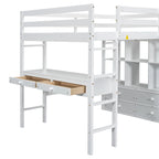 Full Size Loft Bed w/Built-in Desk w/Two Drawers, Storage Shelves