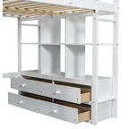 Full Size Loft Bed w/Built-in Desk w/Two Drawers, Storage Shelves