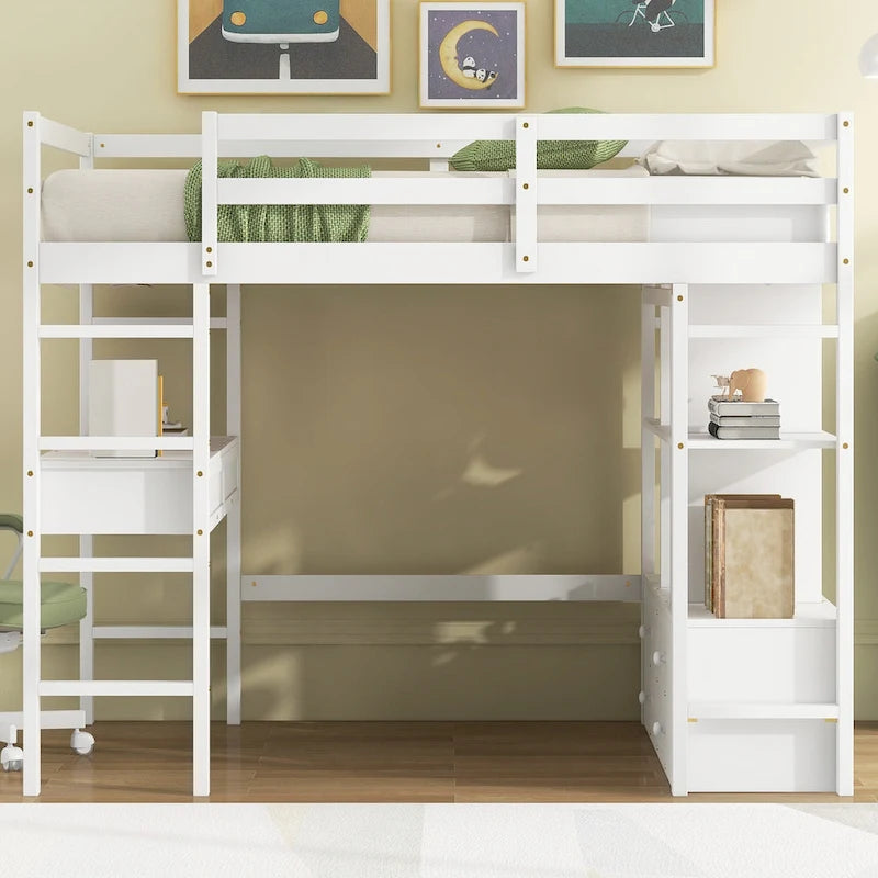 Full Size Loft Bed w/Built-in Desk w/Two Drawers, Storage Shelves